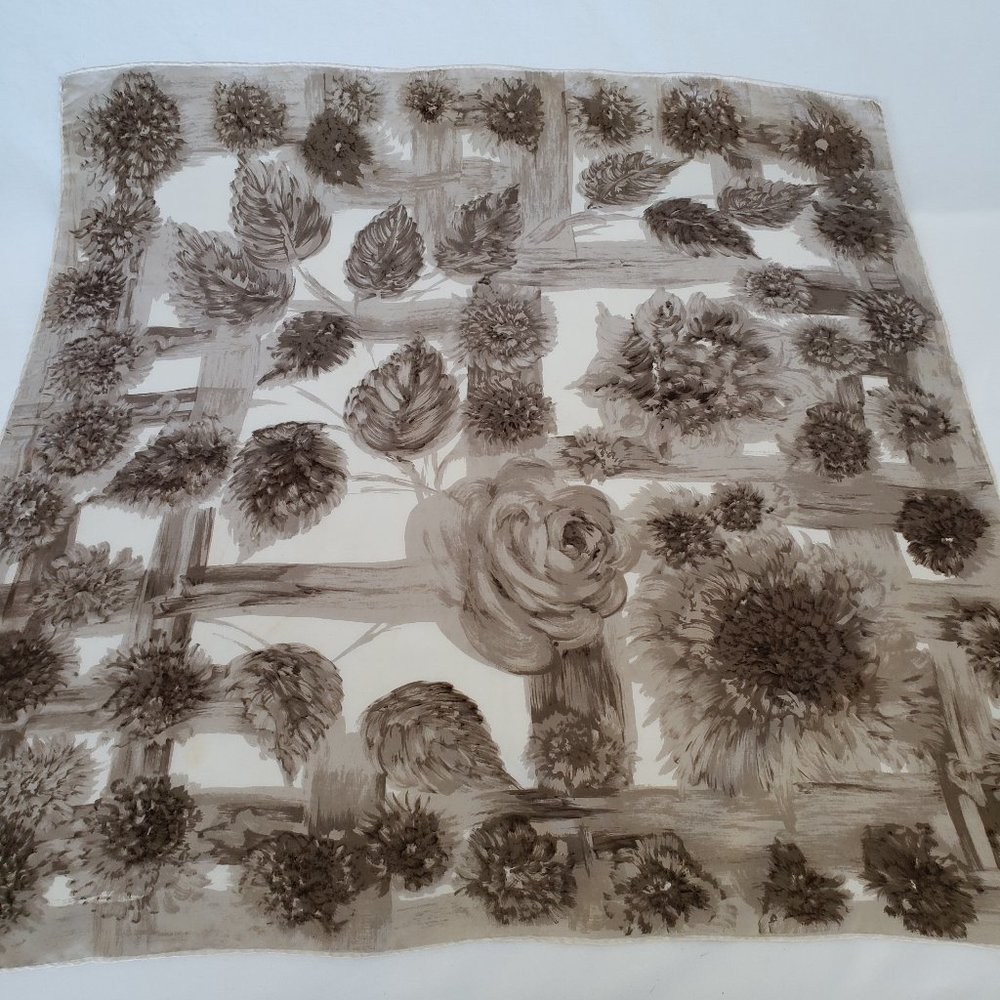 Vintage Made In Japan Unknown Designer Scarf Silk 30x30 Monochromatic Floral